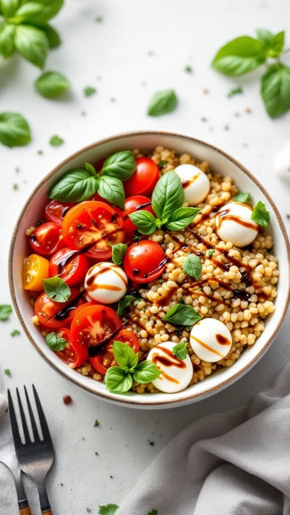 A bowl of Caprese quinoa with tomatoes, mozzarella, and basil