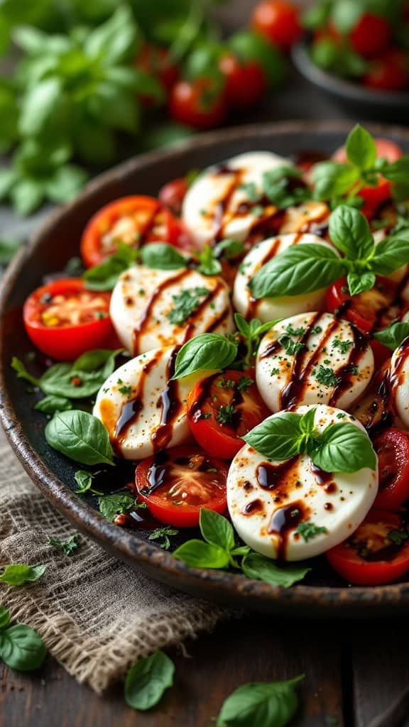 A platter of Caprese salad with mozzarella, tomatoes, basil, and balsamic glaze.