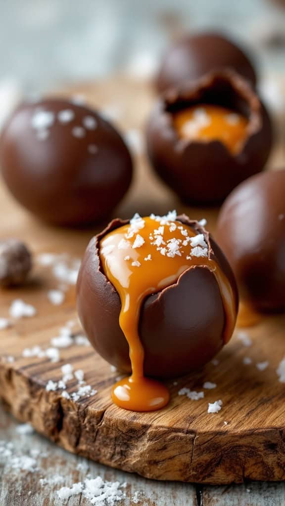 Chocolate eggs filled with caramel and topped with sea salt on a wooden surface.