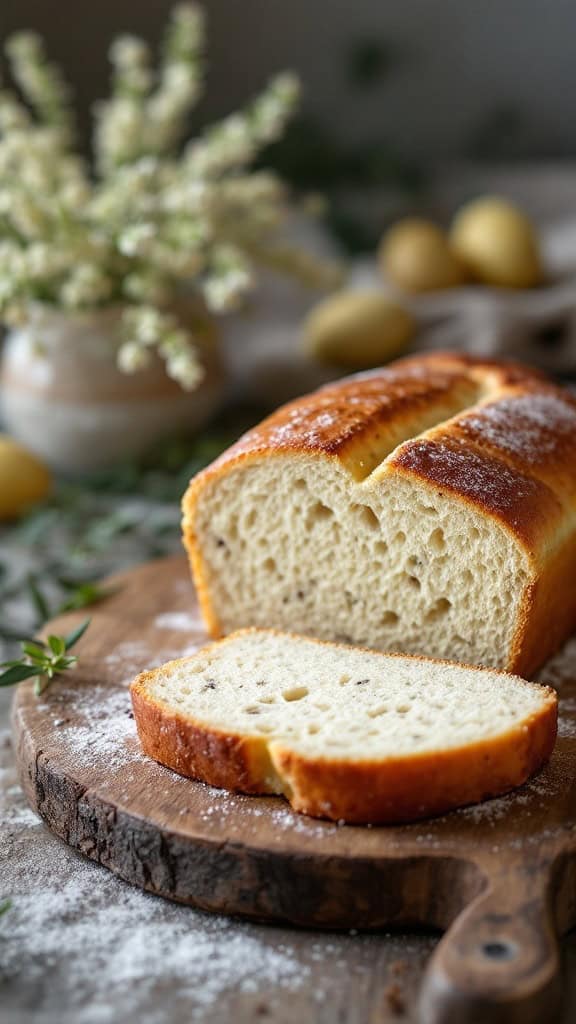 A loaf of cardamom infused Easter bread on a wooden cutting board, with a few slices cut and some greenery in the background.
