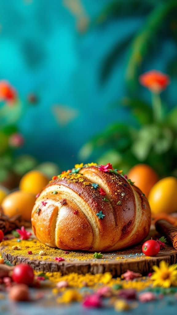 A cute orange bunny surrounded by colorful Easter eggs and spices.