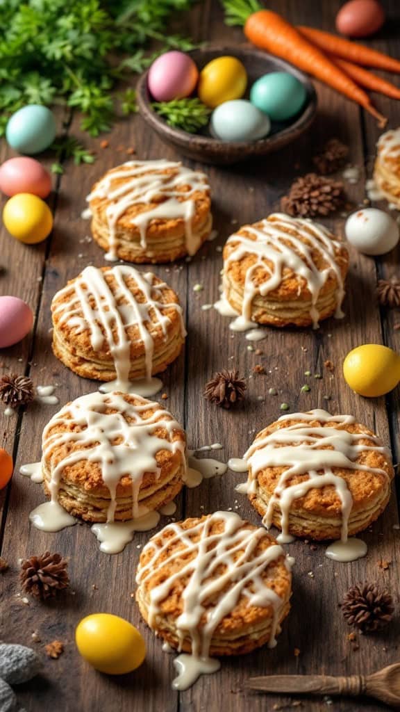Delicious carrot cake biscuits drizzled with cream cheese glaze, surrounded by colorful Easter eggs and carrots.