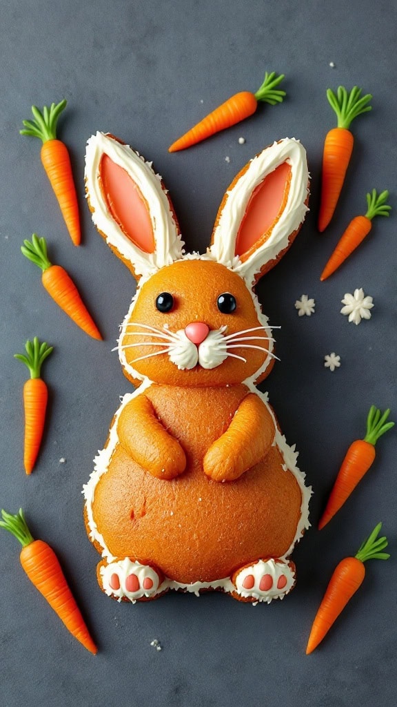 A decorated carrot cake shaped like a bunny surrounded by mini carrot decorations.