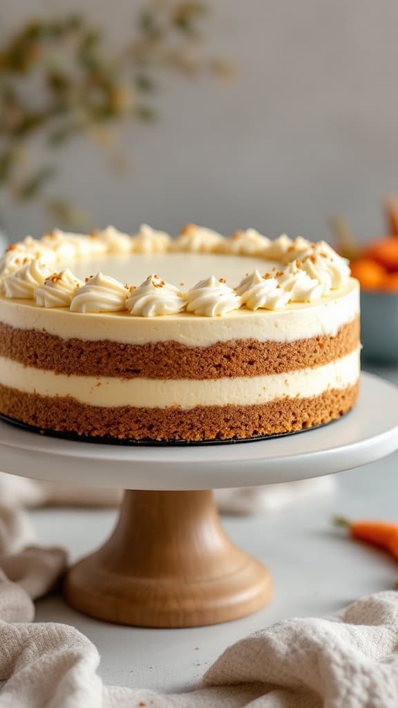 A beautifully layered carrot cake cheesecake with cream cheese frosting