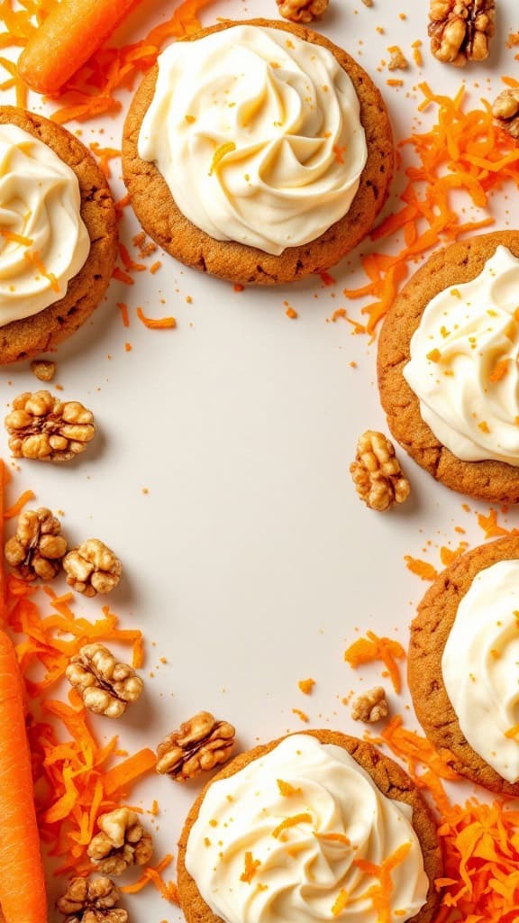Delicious carrot cake cookies topped with frosting and decorated with carrots and walnuts