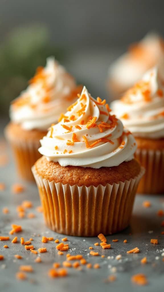 Carrot cake cupcakes with whipped frosting and orange sprinkles