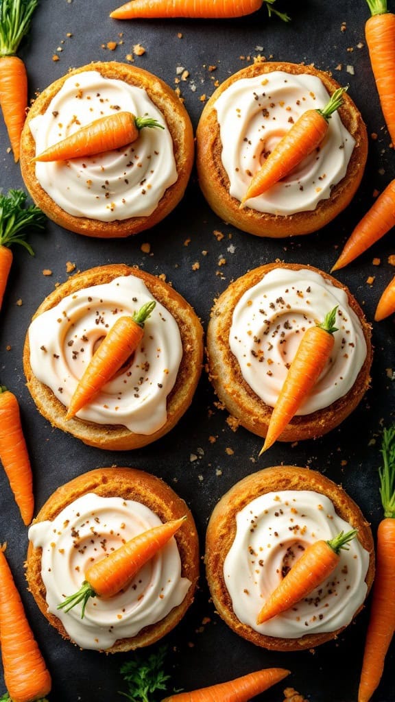 A carrot cake Easter buns decorated with frosting and small carrots.