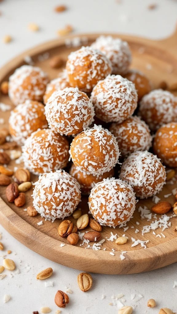 A wooden plate filled with carrot cake energy bites coated in coconut and surrounded by nuts.