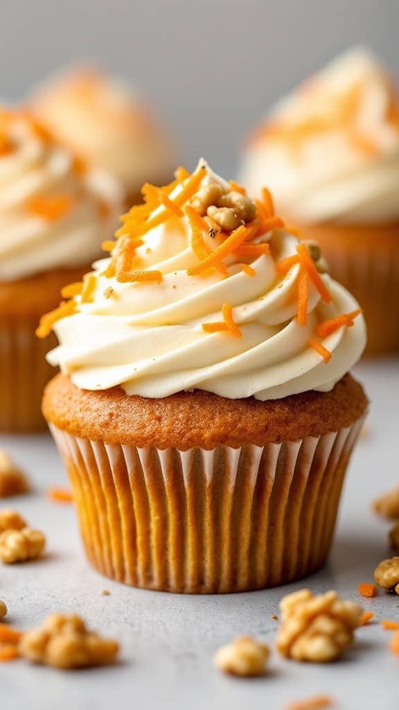 A close-up of a carrot cake cupcake topped with cream cheese frosting and orange carrot shavings.