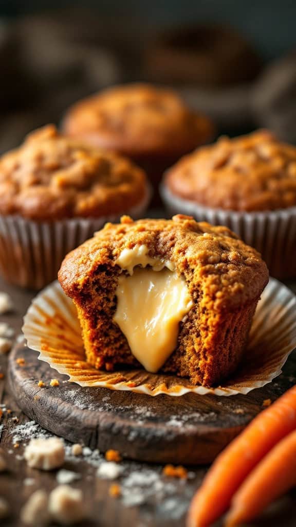 Close-up of carrot cake muffin with cream cheese filling, surrounded by whole muffins and carrots.