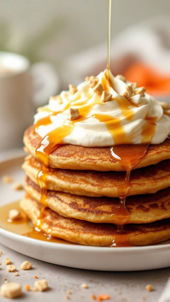 Stack of carrot cake pancakes topped with whipped cream, nuts, and syrup.