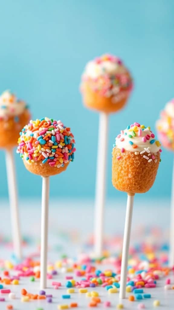 Colorful carrot cake pops with sprinkles on a light blue background