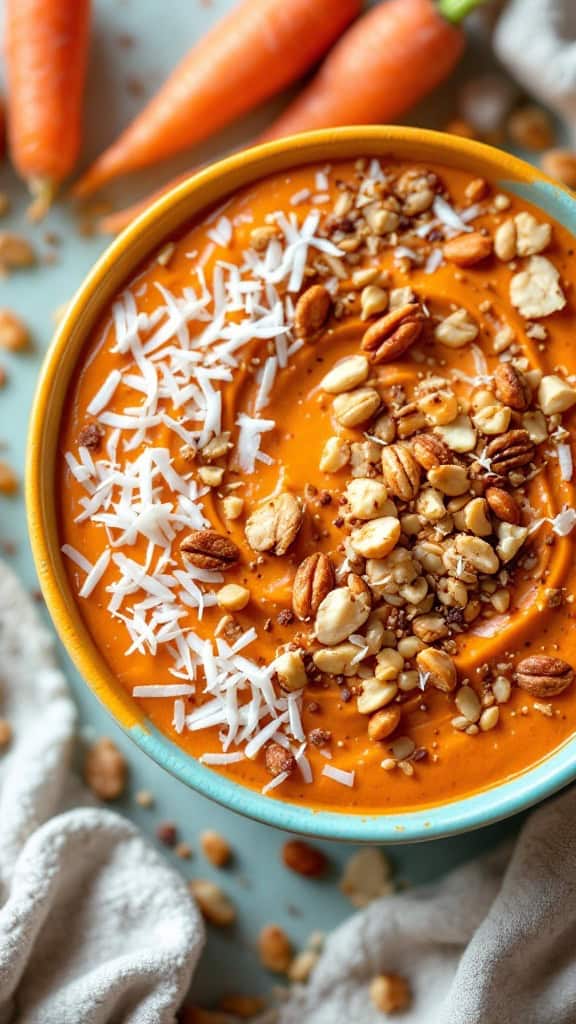 A vibrant carrot cake smoothie bowl topped with nuts, coconut, and surrounded by fresh carrots.