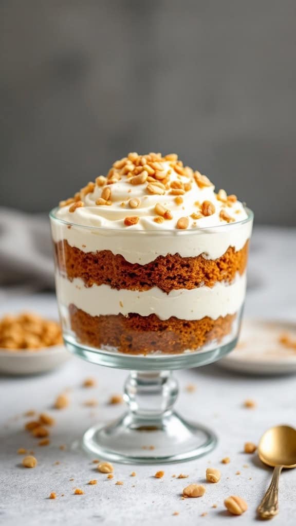A delicious carrot cake trifle layered with cream and topped with nuts.