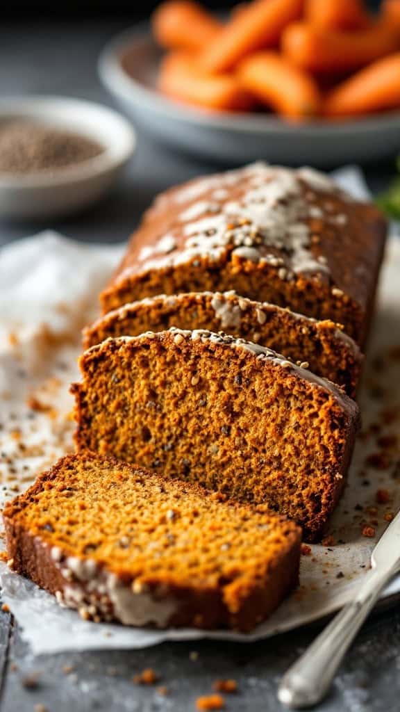 Moist carrot cake with chia seeds, sliced on parchment paper, with whole carrots in the background.