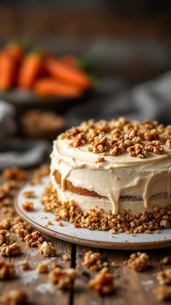 A delicious carrot cake topped with cream cheese frosting and walnuts, surrounded by scattered walnuts and carrots in the background.