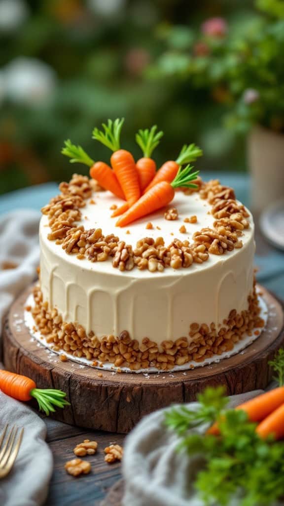 A beautifully decorated carrot cake with cream cheese frosting, topped with small carrots and walnuts.
