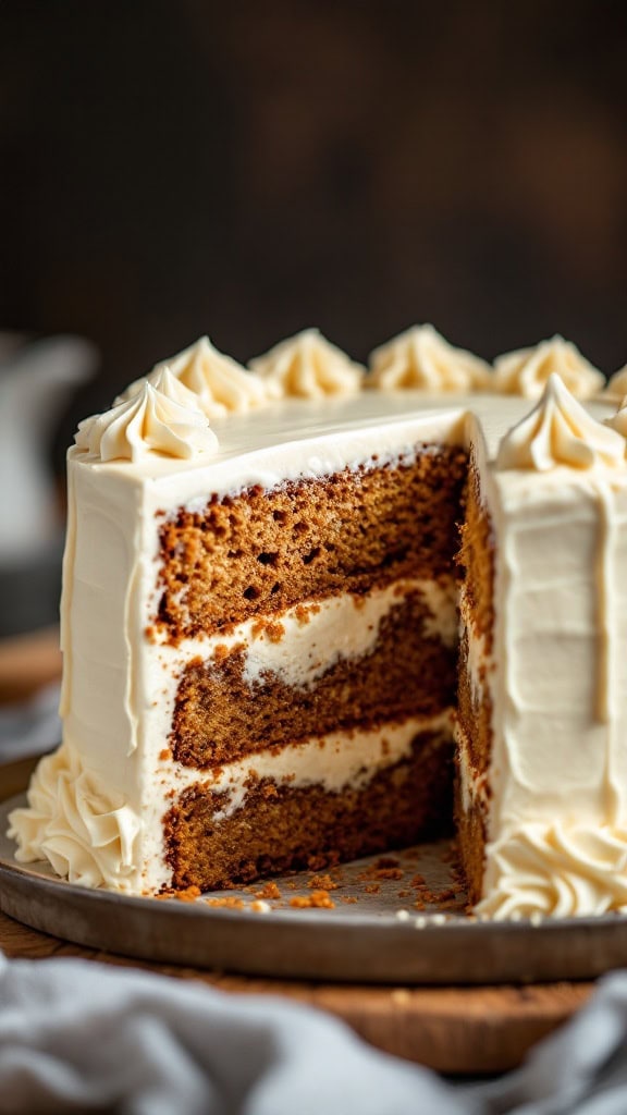 A sliced carrot cake with cream cheese swirls and decorative frosting on top.