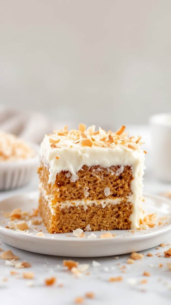 A slice of moist carrot cake topped with creamy coconut frosting and sprinkled with coconut flakes on a white plate.