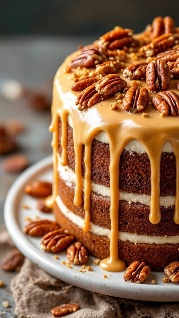 A three-layer carrot cake with maple buttercream frosting and topped with pecans.