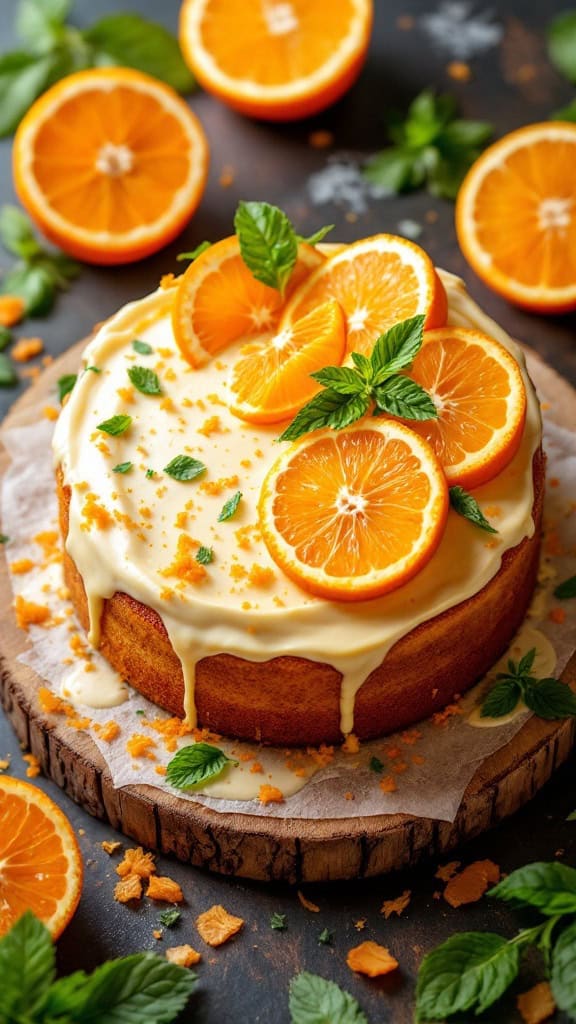 A delicious carrot cake topped with orange slices and mint leaves.