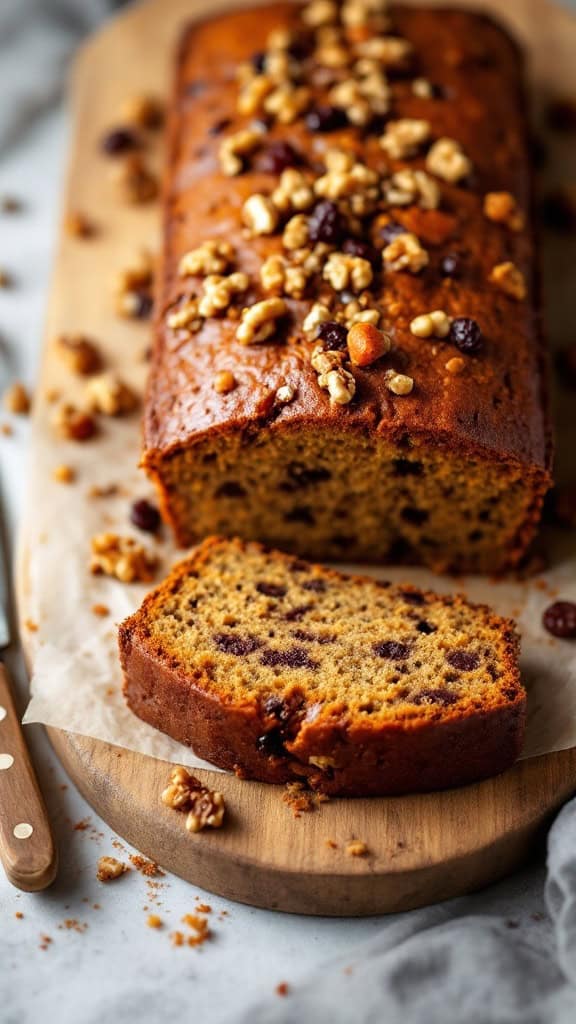 A loaf of carrot cake topped with walnuts and raisins, with a slice cut out.