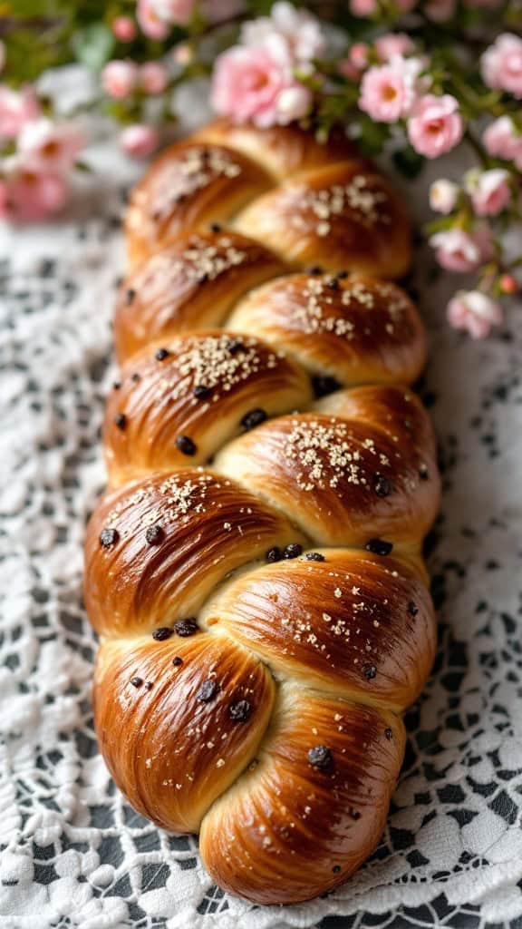 A beautiful braided challah bread with raisins, adorned with sesame seeds, surrounded by flowers.