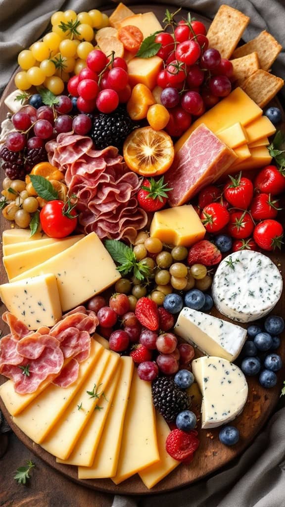 A beautifully arranged cheese and charcuterie board featuring various cheeses, cured meats, fruits, and nuts.