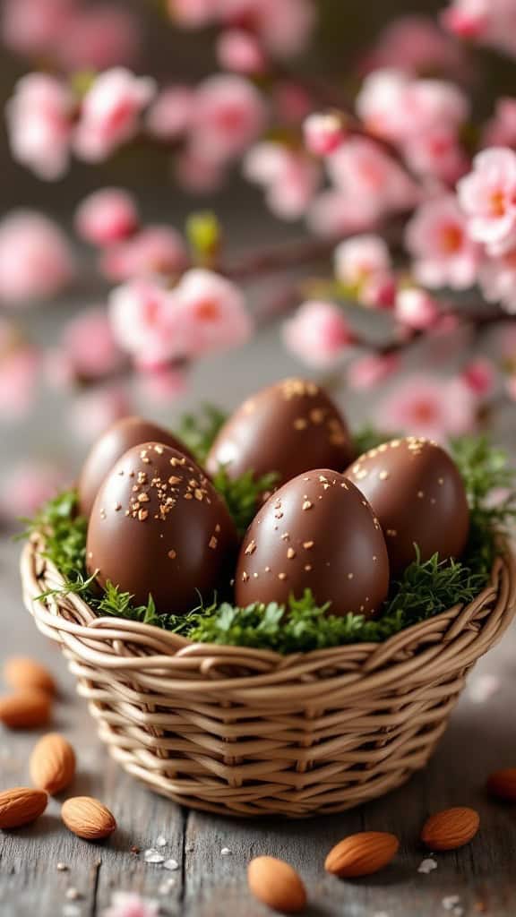A basket of chocolate eggs surrounded by cherry blossoms and almonds.