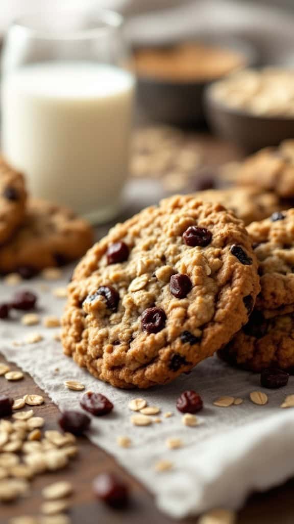 Chewy oatmeal raisin cookies with oats and raisins on a wooden table.