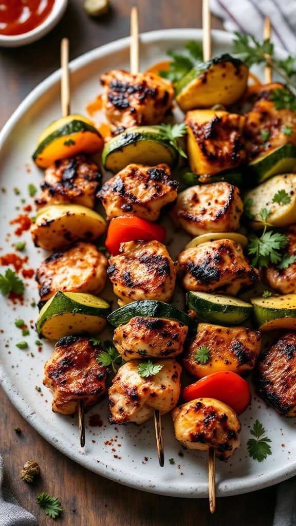 A plate of grilled chicken and vegetable skewers with peppers and zucchini.