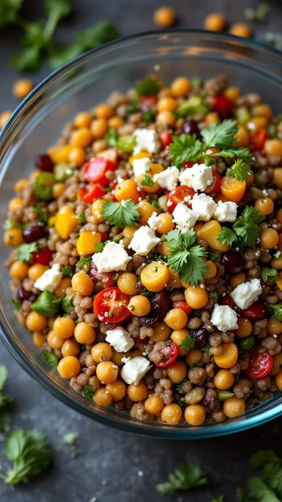 A colorful Chickpea and Lentil Power Salad in a glass bowl, garnished with herbs.
