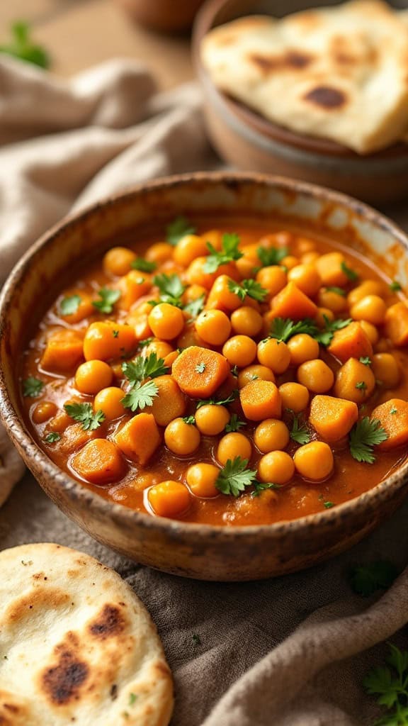 A bowl of chickpea and sweet potato curry garnished with cilantro, served with flatbread.