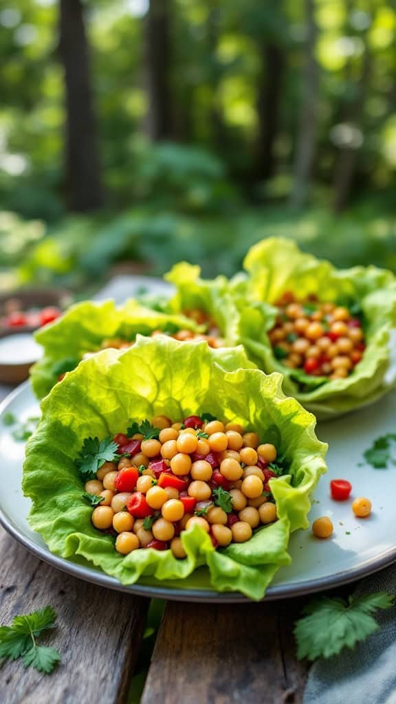 Chickpea salad in lettuce wraps served on a wooden plate with cherry tomatoes and herbs.
