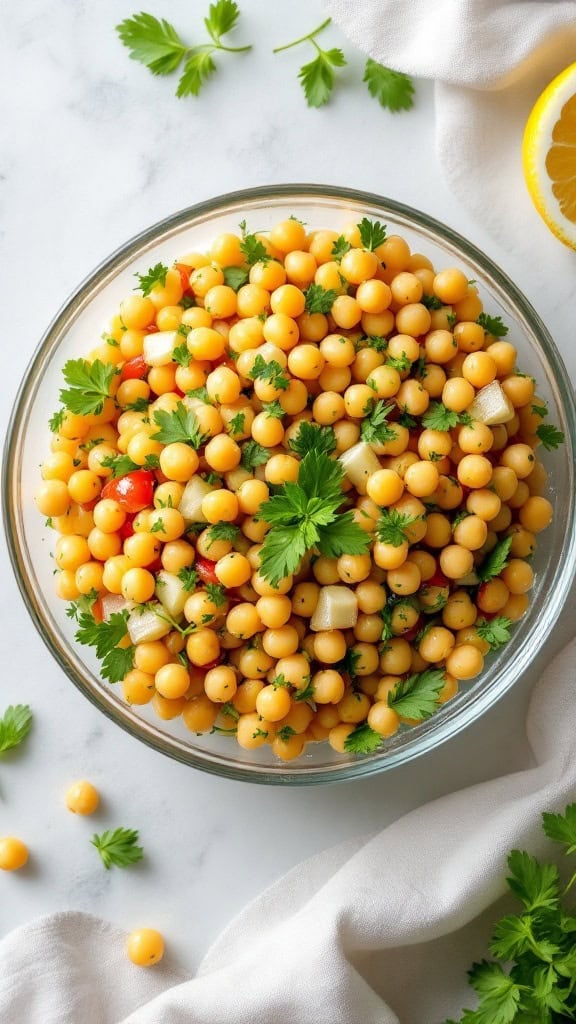 A vibrant chickpea salad in a glass bowl with fresh herbs and lemon slices