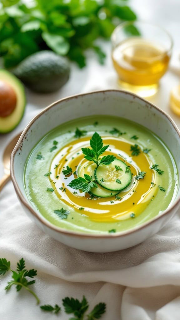 A bowl of chilled cucumber and avocado soup garnished with cucumber slices and herbs.