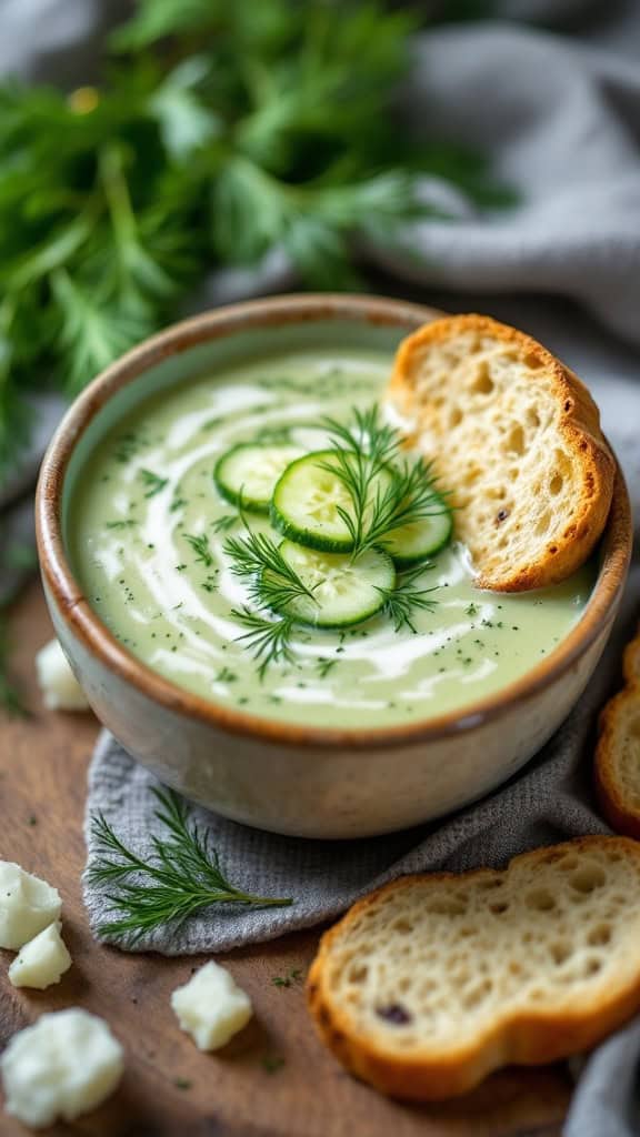 A bowl of chilled cucumber soup garnished with cucumber slices and dill, served with toasted bread.