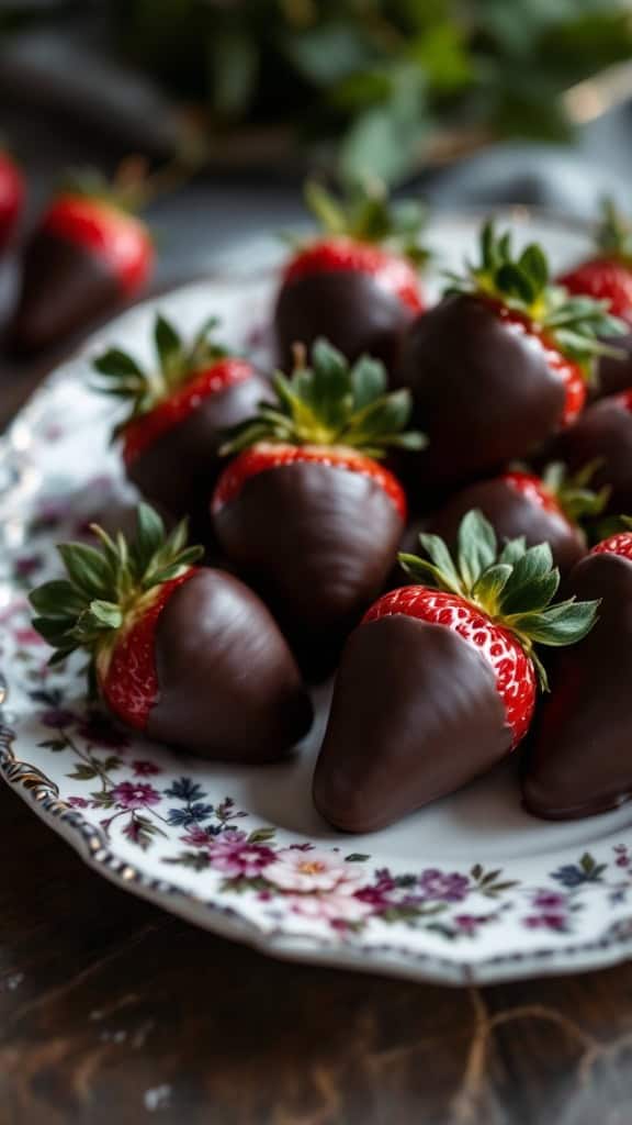 A plate of chocolate-dipped strawberries with green leaves