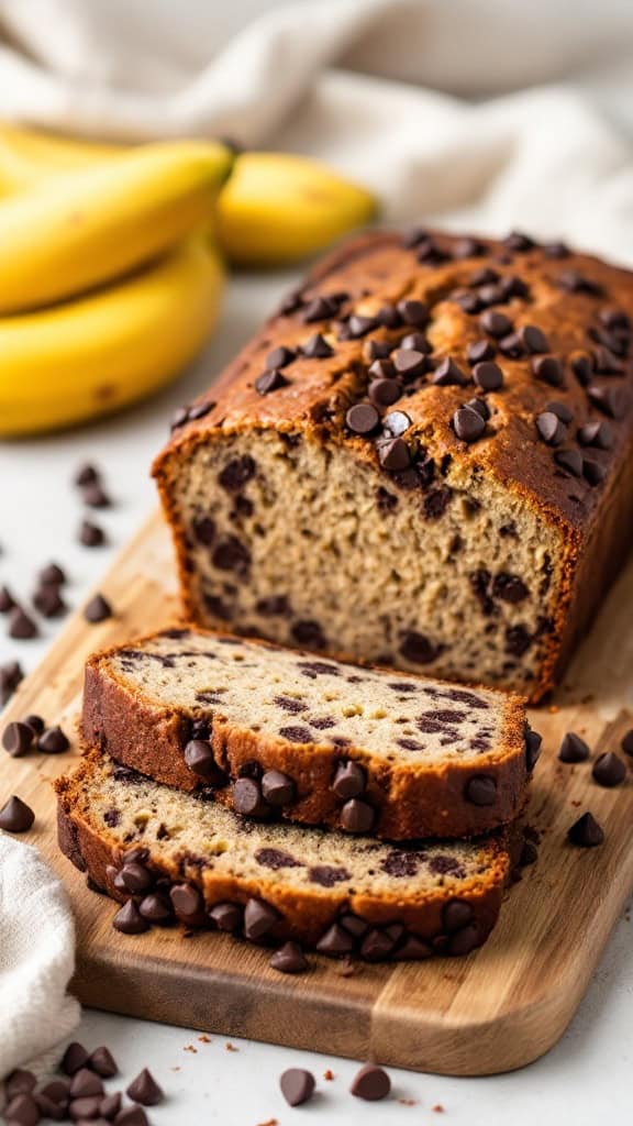 Loaf of chocolate chip banana bread with slices cut, surrounded by chocolate chips and bananas
