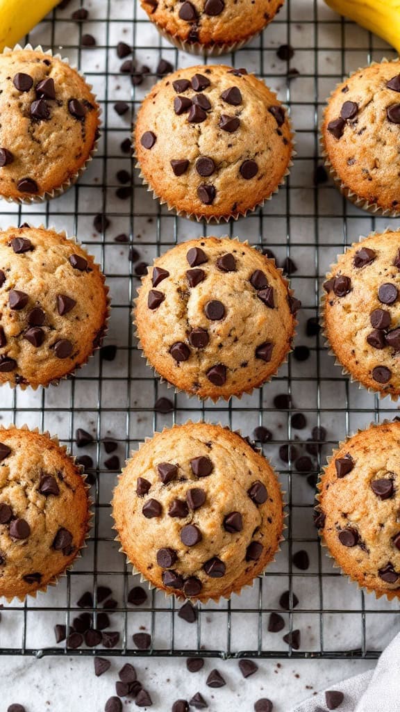 A tray of chocolate chip banana muffins on a cooling rack.