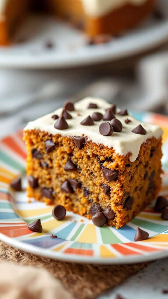 Chocolate chip carrot cake slice on a colorful plate