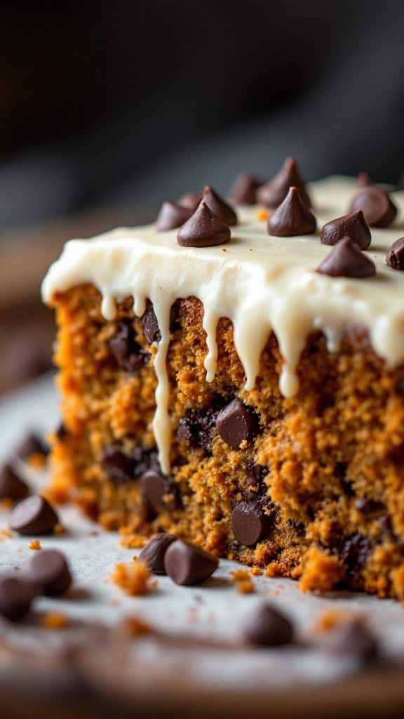 A slice of carrot cake topped with chocolate chips and cream cheese frosting.