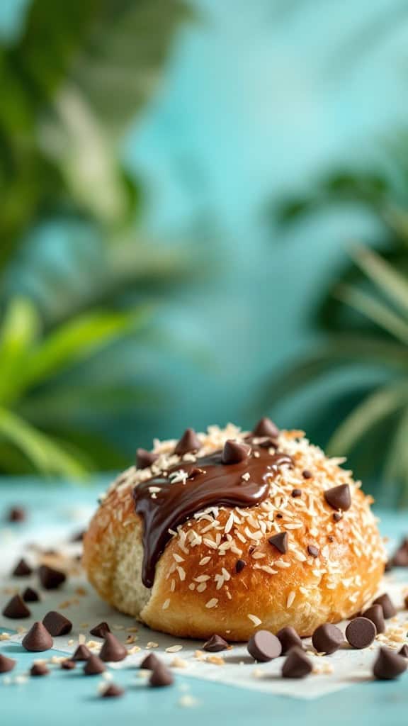 A Chocolate Chip Coconut Easter Bun topped with chocolate and coconut flakes, surrounded by chocolate chips.