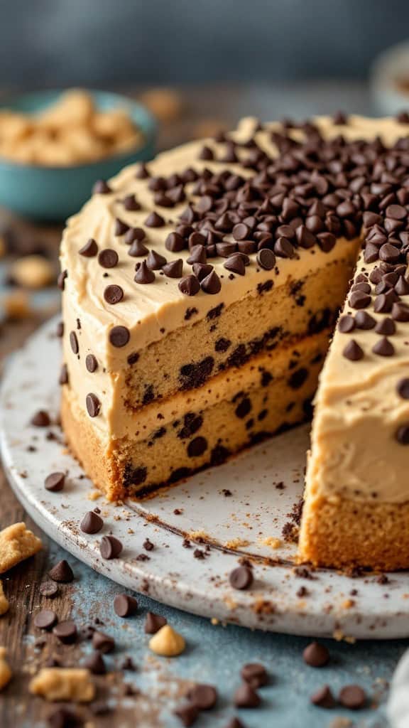 A slice of Chocolate Chip Cookie Dough Cake with chocolate chips on top.