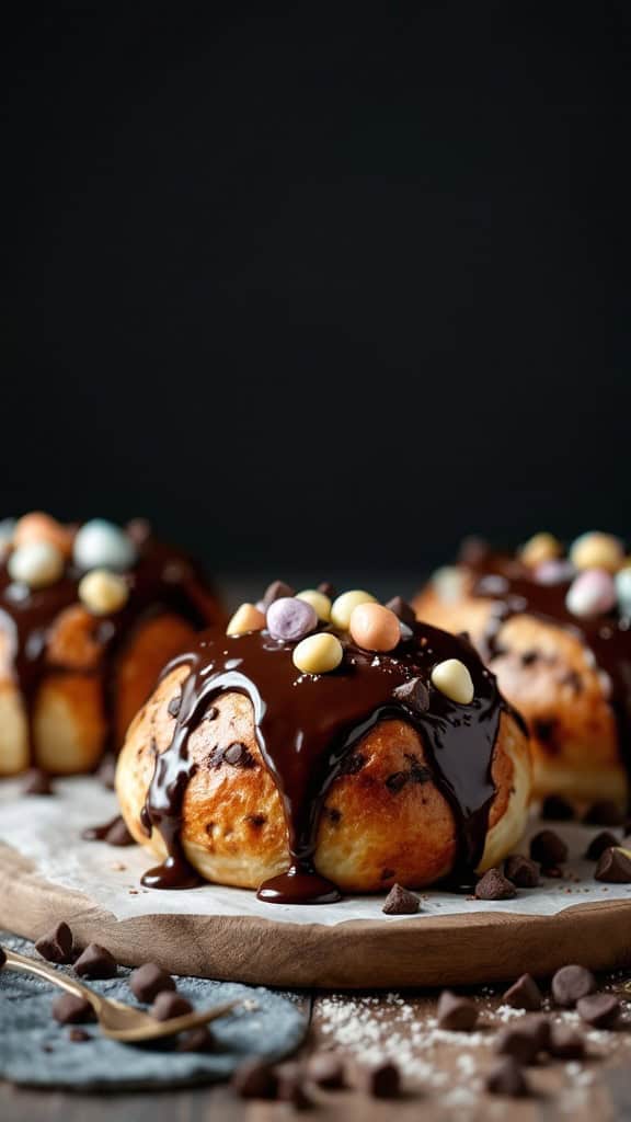 A chocolate chip Easter buns with chocolate drizzle and colorful candy on top.