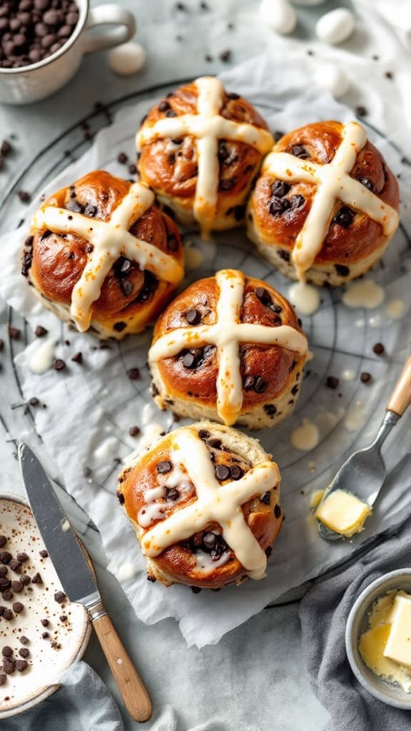 Chocolate Chip Hot Cross Buns on a table with chocolate chips and butter