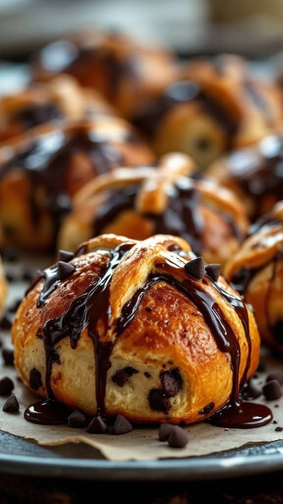 Chocolate chip hot cross buns drizzled with chocolate and topped with chocolate chips