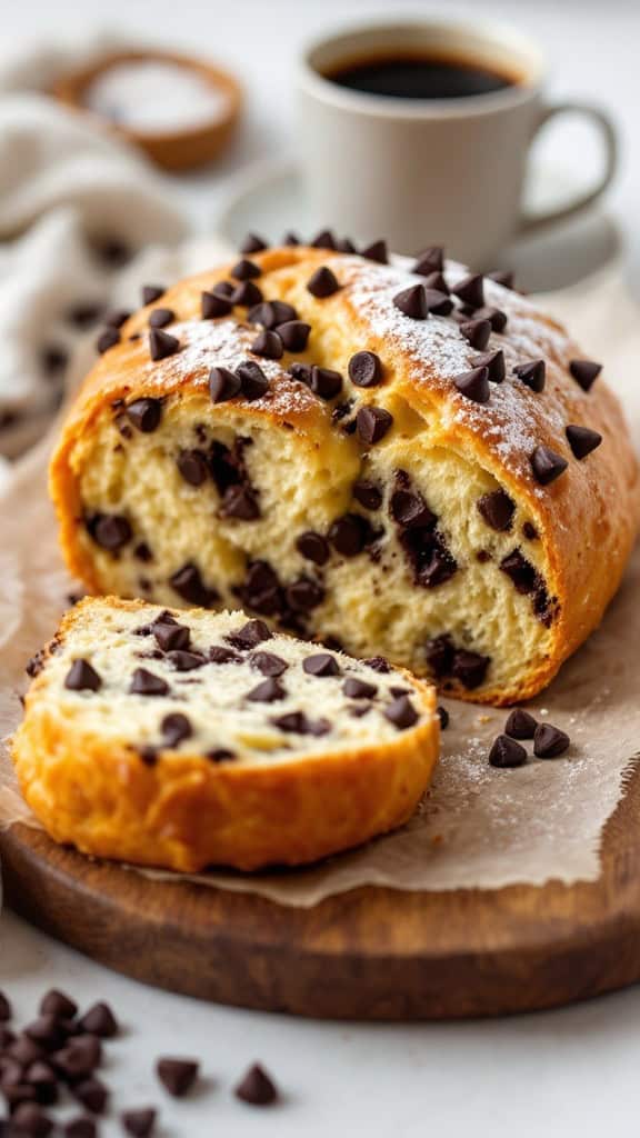 A loaf of chocolate chip Tsoureki with slices cut, showcasing chocolate chips and a cup of coffee in the background.