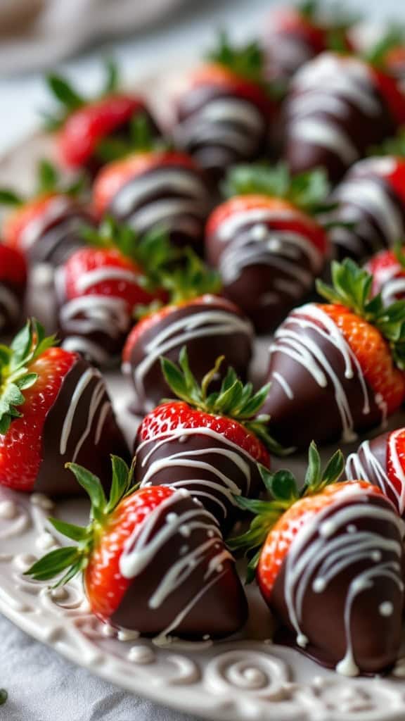 A plate of chocolate covered strawberries with drizzles of white chocolate.