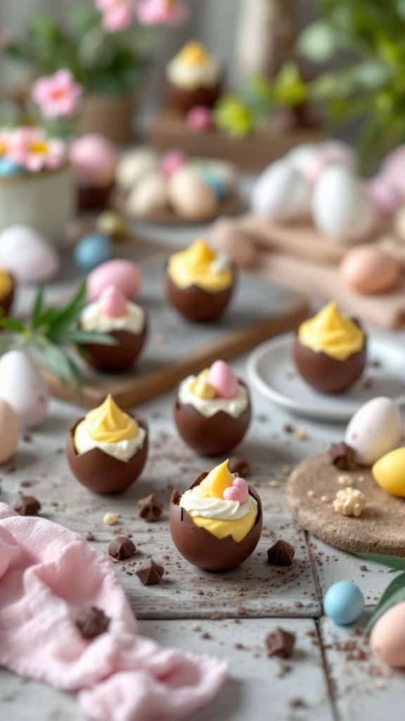 Chocolate deviled eggs decorated with frosting and colorful candy toppings
